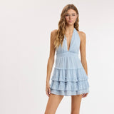 NOT OVER YET BLUE RUFFLE MINI DRESS