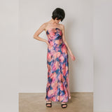 PICASSO FLORAL STRAPLESS SATIN MAXI DRESS