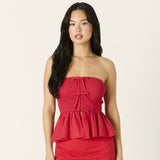 HOLIDAY WEEKEND RED STRAPLESS PEPLUM TOP