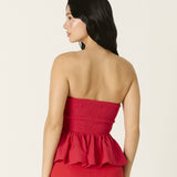 HOLIDAY WEEKEND RED STRAPLESS PEPLUM TOP