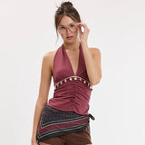 CONCERT SERIES BURGUNDY SEASHELL TRIM HALTER TOP