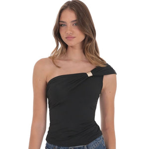 LUCY IN THE SKY BLACK ONE SHOULDER GOLD DETAIL TOP