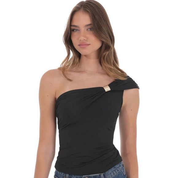 LUCY IN THE SKY BLACK ONE SHOULDER GOLD DETAIL TOP