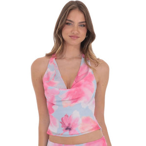 LUCY IN THE SKY BLUE AND PINK FLORAL COWL NECK TOP
