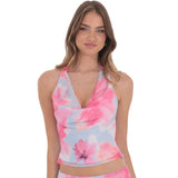 LUCY IN THE SKY BLUE AND PINK FLORAL COWL NECK TOP