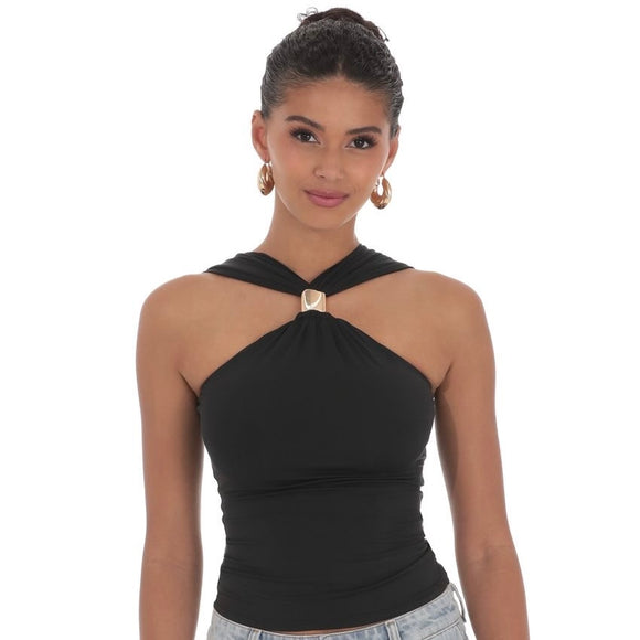 LUCY IN THE SKY GOLD EMBELLISHED BLACK TOP