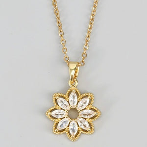 GOLD STAINLESS STEEL RHINESTONE FLOWER PENDANT NECKLACE
