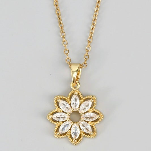 GOLD STAINLESS STEEL RHINESTONE FLOWER PENDANT NECKLACE
