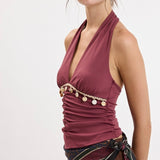 CONCERT SERIES BURGUNDY SEASHELL TRIM HALTER TOP