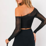 NEW RULES BLACK MESH OFF SHOULDER TOP