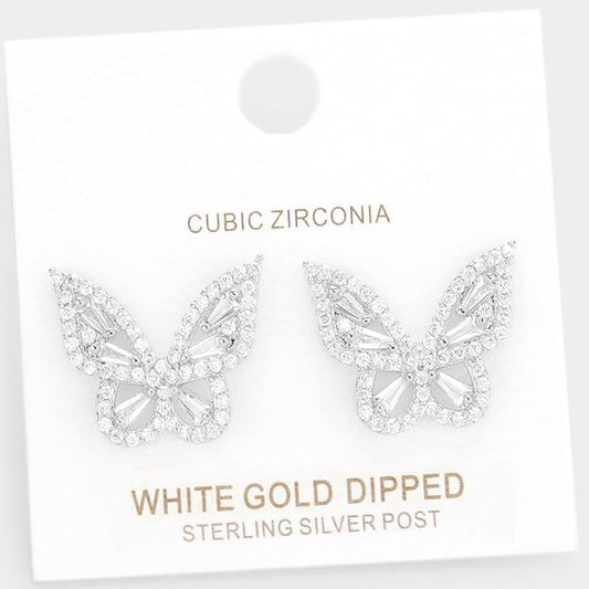 WHITE GOLD DIPPED CUBIC ZIRCONIA BUTTERFLY STUD EARRINGS