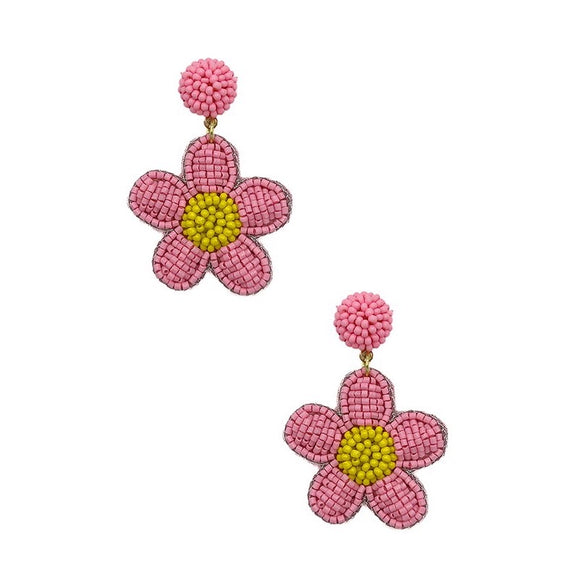 RUTHIE PINK SEED BEADED FLOWER DROP EARRINGS