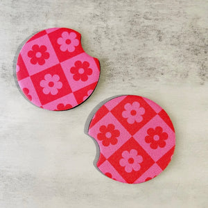PINK CHECKERED FLOWER CAR COASTERS