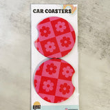 PINK CHECKERED FLOWER CAR COASTERS