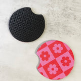 PINK CHECKERED FLOWER CAR COASTERS